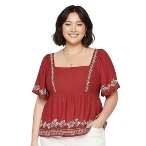 New Old Navy Rust Embroidered Square Neck Peplum Top Plus Size 3X Boho Festival